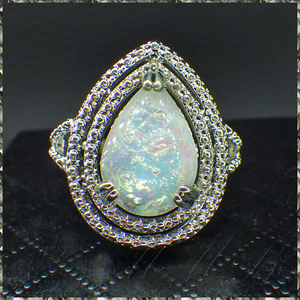 [RING] Silver Plated Luxurious White Fire Opal 13mm テイアドロップ 水滴形 ファイア オパール ラグジャリー シルバーリング 14号