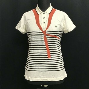 ラコステ/LACOSTE★半袖ポロシャツ【40/レディースL/ベージュ×黒/ボーダー柄】ワンポイントロゴ刺繍/Tops/Shirts◆BH805