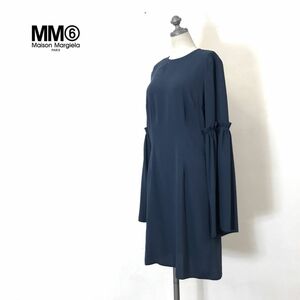 1N2304-D◆美品◆ イタリア製 MM6 Maison Margiela エムエムシックス メゾン マルジェラ 長袖ワンピース ギャザー◆size38 ネイビー ポリ