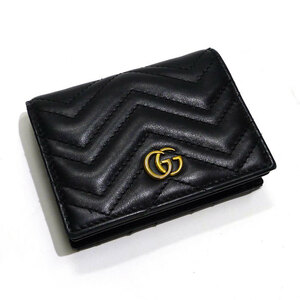 【中古】GUCCI GGマーモント 二つ折り コンパクト財布 キルティング レザー ブラック ゴールド金具 466492