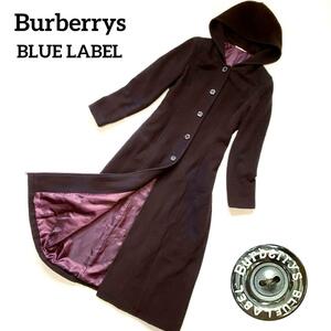 1円～ 美品 Burberrys BLUE LABEL バーバリーブルーレーベル フード ロングコート Aライン アンゴラ100%