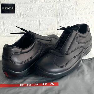 ☆未使用 PRADA プラダ リネアロッサ レースアップ オールレザー スニーカー シューズ ブラック メンズ サイズ 8 1/2 (27.5cm相当)