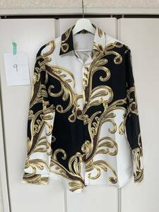 ⑨-1 ドレス シャツ 長袖 XL VERSACE ヴェルサーチ ベルサーチ 風 柄シャツ Yシャツ 派手 バロック アニマル 総柄 チェーン柄