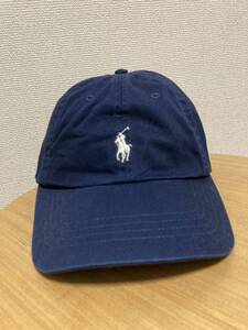 POLO RALPH LAUREN CAP ポロ ラルフローレン キャップ帽子 ポニー ワンポイント ロゴキャップ ネイビー ×白 /古着 adjuster ONE SIZE