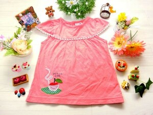 ☆petit jam プチジャム☆90㎝ ノースリーブカットソーＴシャツ＊リンゴアップリケ＊サーモンピンク＊白いボンボン♪コットン100％