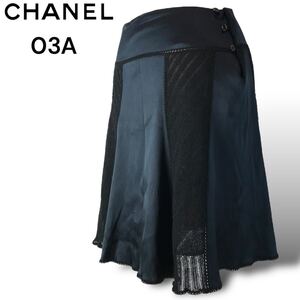 t8 正規品 CHANEL 03A シャネル サテン ミニスカート シルク モヘア ネイビー 38 フランス製 P22198W03214 ヴィンテージ レディース ボトム