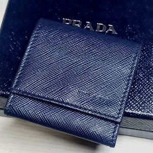 美品 PRADA プラダ ボックス コインケース 小銭入れ ミニ財布 小物入れ サフィアーノレザー ネイビー