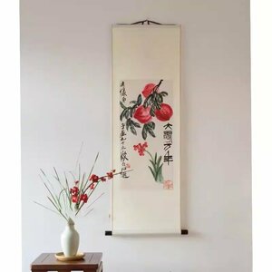 斉白石　植物画　桃　大寿万年　画仙紙使用　コレクション　中国古美術品　中国美術品　中国書画　復刻　掛軸　巻物 zh28