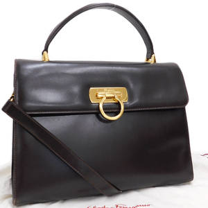 1円 ■ 美品 サルヴァトーレフェラガモ 2wayバッグ ブラウン系 レザー Salvatore Ferragamo ■E.Cmm.hP-03