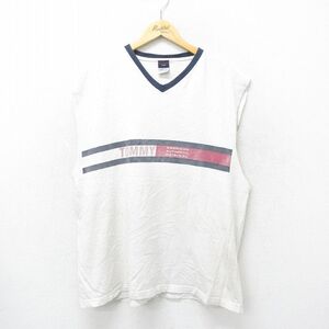 XL/古着 トミーヒルフィガー トミージーンズ ノースリーブ ブランド ビンテージ Tシャツ メンズ 90s ビッグロゴ コットン Vネック 白他 ホ