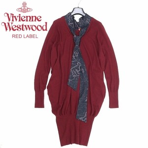 ◆Vivienne Westwood RED LABEL ヴィヴィアンウエストウッド レッドレーベル アンゴラ混 ボウタイ ニット ワンピース ボルドー 2