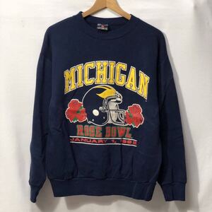 ■ 90s ビンテージ USA製 SIGNAL MICHIGAN ROSE BOWL ロゴプリント スウェット トレーナー サイズL カレッジ ミシガン大学 アメフト 紺 ■