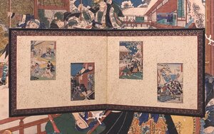 ∇花∇幕末～明治の浮世絵師【二代歌川国貞(四代豊国)】作 浮世絵木版画四枚「仮名手本忠臣蔵 九～十二段」 貼交二曲屏風 大縁牡丹唐草金襴