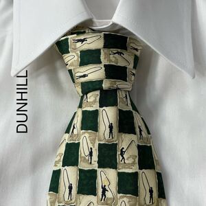 DUNHILL ダンヒル フィッシング 釣り シルク ネクタイ イタリア製 ベージュ グリーン ブラック TG289