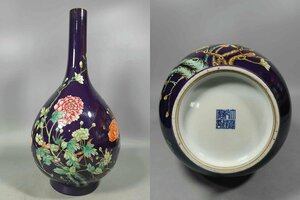◆羽彰・古美術◆A270大清乾隆年製 茄皮紫花卉紋胆瓶・時代物・古陶磁・古賞物・旧家買出品