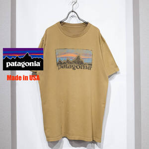 【USA製】L / Patagonia パタゴニア オーガニックコットン 100％ スリムフィット 半袖 Tシャツ ブラウン カーキ アウトドア ロゴ プリント