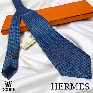 【タグ付き/未使用】HERMES エルメス ネクタイ シルク100% フランス製 箱付き Hロゴ 絹 花柄 フラワーモチーフ 紺 ネイビー 青 ブルー