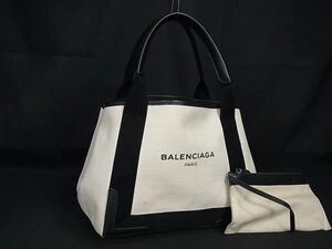 1円 ■美品■ BALENCIAGA バレンシアガ ネイビーカバス キャンバス×レザー ポーチ付き ハンドバッグ トート アイボリー系 EA2938