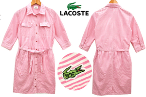 Y-3699★超美品★LACOSTE ラコステ★正規品 春夏 ピンク ボーダー ワニ刺繍 ストレッチ素材 ７分袖 ミニ シャツ ワンピース 40 L