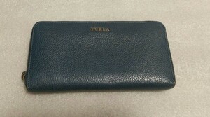 【ファスナー持ち手部分無 角に傷有】フルラ 長財布 FURLA レザー ラウンドファスナー ブルー ウォレット 大容量 通帳入るサイズ 送料無料