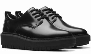 送料無料 Clarks クラークス 26cm チャンキー レースアップ スニーカー ブラック ウエッジ フラット 軽量 レザー バレエ ブーツ RRR234