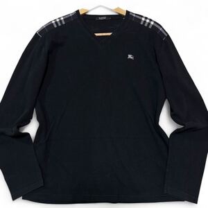 希少/ Lサイズ BURBERRY BLACK LABEL バーバリーブラックレーベル 長袖 Tシャツ 肩ノバチェック ホースロゴ刺繍 ブラック 黒 3サイズ