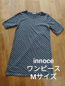 innoce 花柄 ストレッチ ゆったり 膝丈 半袖 ワンピース ブラック M