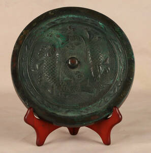 『唐・青銅器彫・雙魚紋鏡』極細工 置物古賞物 中国古玩 中国古美術