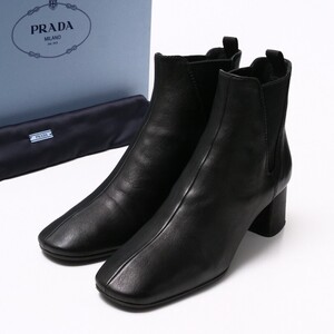 MG9549*イタリア製《PRADA プラダ》Size 37.5 サイドゴア レザーショートブーツ 靴 ブラック