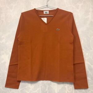 新品 タグ付き ★ LACOSTE ラコステ Ｖネック ニット ウール100% オレンジ 40サイズ ★ 長袖 レディース 薄手 文字ワニ