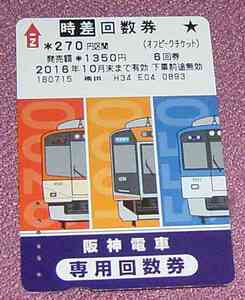 ★☆送料63円可！使用済み阪神電車 時差回数券オフピークチケット270円区間6回券2016年10月末まで