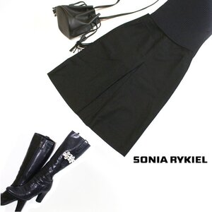 ソニアリキエル SONIA RYKIEL ■ 秋 冬 上品 綺麗め 膝下丈 毛100％ ウールスカート Aライン 40 11号 ブラック 黒 フォーマル シンプル