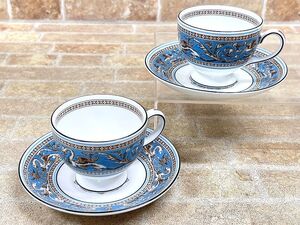 良品! WEDGWOOD/ウェッジウッド フロレンティーン ターコイズ ペア カップ＆ソーサー 2客セット 【2872y2】