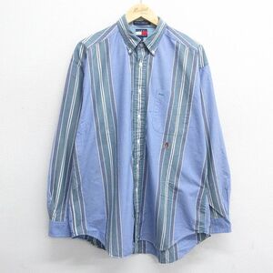 XL/古着 トミーヒルフィガー 長袖 ブランド シャツ メンズ 90s ワンポイントロゴ コットン ボタンダウン 薄紺他 ネイビー ストライプ 2