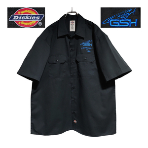 Dickies 半袖ワークシャツ size XL オーバーサイズ ブラック ピスネームタグ ゆうパケットポスト 胸 ロゴ 刺繍 GSH 古着 洗濯 プレス済 h40