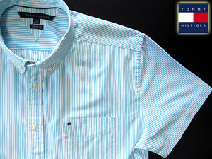 ★美品 トミーヒルフィガー TOMMY HILFIGER ボタンダウンシャツ 半袖 XLサイズ 希少品 クールストライプ ライトブルー×ホワイト