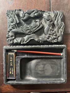 中国古硯 龍紋 蓋硯 古美術品 骨董品 文房具 書道具