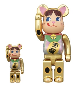 新品 未開封 BE@RBRICK 招き猫 ペコちゃん 金メッキ 蓄光ミルキー入り 100％ & 400％ メディコムトイ ベアブリック MEDICOM TOY 