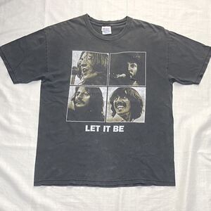 神 フェード 黒 90sビンテージ ビートルズ LET IT BE オフィシャル HANES ヘインズ ロック Tシャツ 墨黒色 BEATLES バンド オリジナル 古着