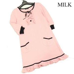 MILK ミルク 可愛い レース&フリル♪ 通年 長袖 ニット ワンピース Sz.F　レディース ピンク 日本製　D3T00392_3#F