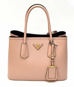 極美品 PRADA プラダ 【サフィアーノ 三角プレート ドゥーブレ スモール 2WAY ハンドバッグ ピンクベージュ×ゴールド金具 1BG887】