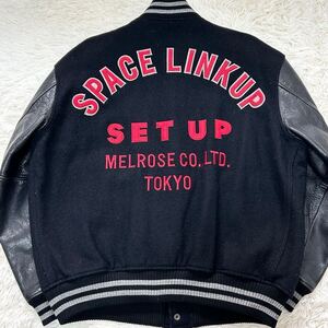 美品●メルローズ MELROSE スタジャン 袖レザー切替 ファラオジャケット 本革 中綿キルティング ワッペン 90s 80s ヴィンテージ ブラック黒