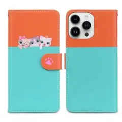 iphone15手帳柄猫ケース　オレンジ+青おしゃれスマホケース