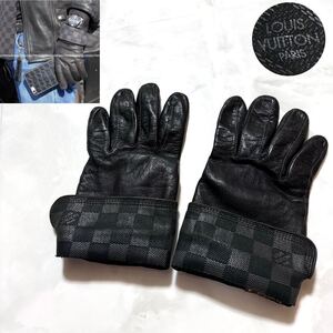 本物 美品 ルイヴィトン ダミエグラフィット切替 ラムレザー グローブ 黒 8 手袋 LOUIS VUITTON (レターパック配送可)