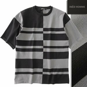 新品 イネドオム チェック柄 半袖 クルーネック ニット XL 灰 黒 【I56814】 メンズ INED HOMME 洗濯可 Tシャツ プルオーバー サマー