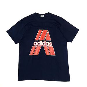 【USA製】80s adidas アディダス 半袖Tシャツ メンズM 紺/ネイビー系 シングルステッチ プリント アメリカ製 3ストライプ ビンテージ 古着