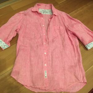 ピンク色　シャツ　Mサイズ 鮮やか　夏　夏物　ピンクシャツ　7分袖　美品　綺麗　キレイ　