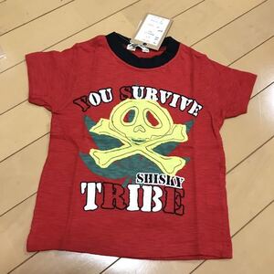 新品 ドクロアップリケ 半袖Tシャツ 100 マリファナ スカル レッド 赤