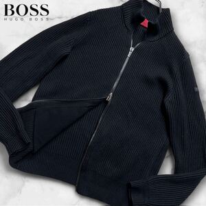 美品/肉厚●ヒューゴボス ドライバーズ ニット ダブルジップ ジャケット ブルゾン HUGO BOSS ロゴワッペン ブラック 黒 メンズ M