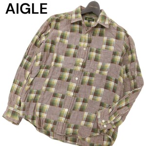 AIGLE エーグル 通年 ロゴ刺繍★ 長袖 パッチワーク チェック シャツ Sz.S　メンズ 日本製 アウトドア　C4T07324_8#C